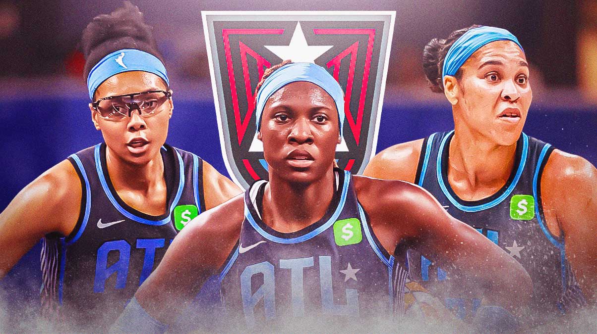 Rhyne Howard, Allisha Gray, Brionna Jones all beside each other, Atlanta Dream logo in the background