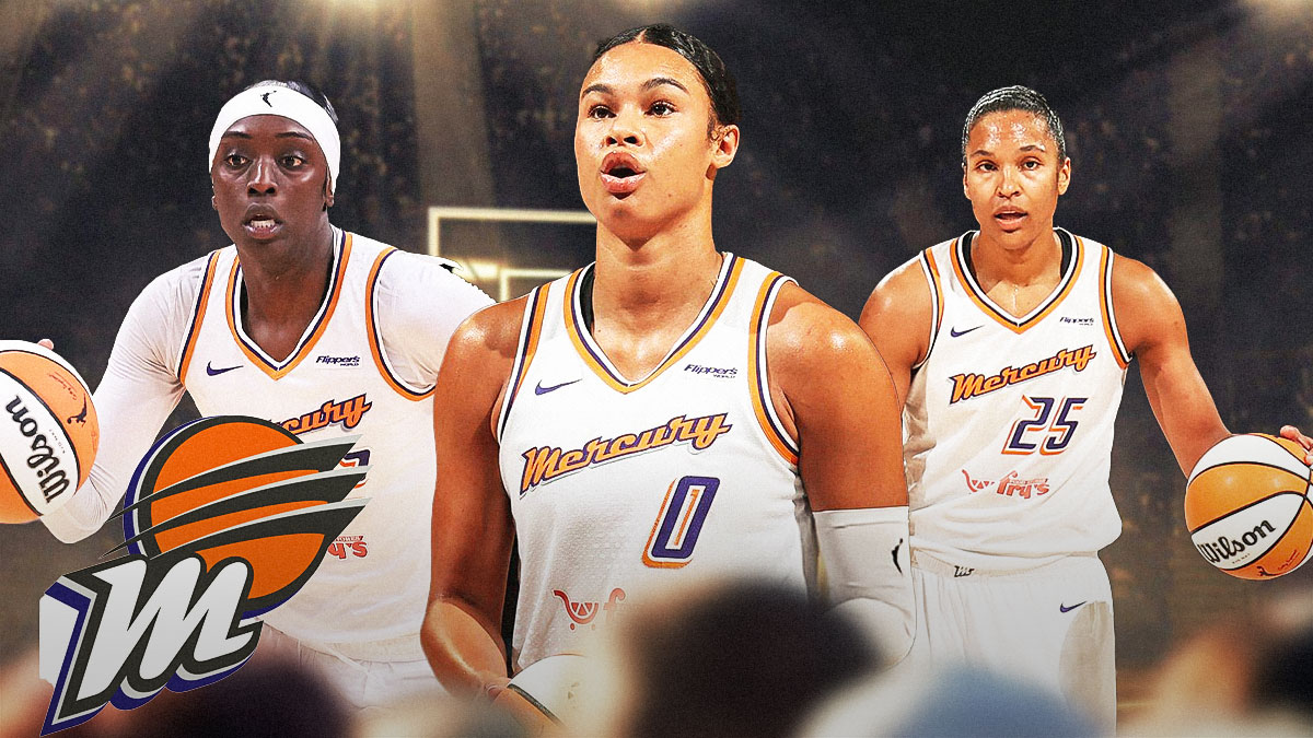 Kahleah Copper, Satou Sabally, Alyssa Thomas all beside each other, Phoenix Mercury logo in the background