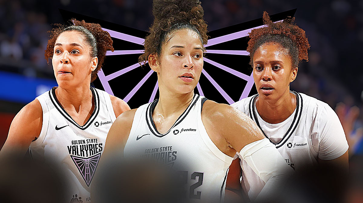 Janelle Salaun, Veronica Burton, Iliana Rupert all beside each other, Golden State Valkyries logo in the background