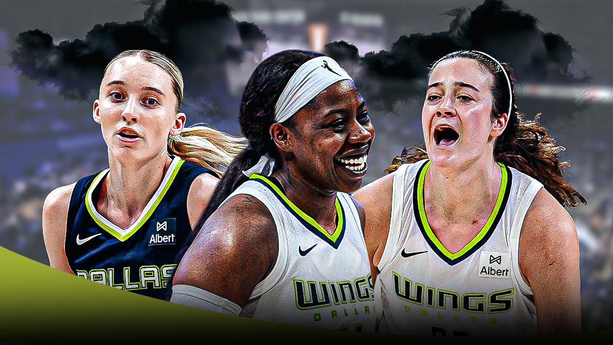 Arike Ogunbowale, Paige Bueckers, Maddy Siegrist all beside each other, Dallas Wings logo in the background