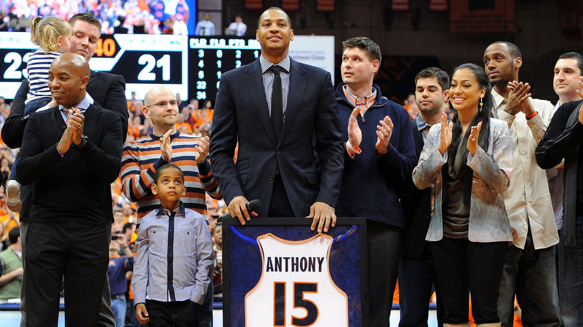 Syracuse Orange former player Carmelo Anthony (right) is presented