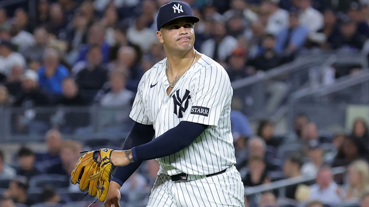 New York Yankees relief pitcher Fernando Cruz (63) reacts after walking in a run during the seventh inning against the Detroit Tigers