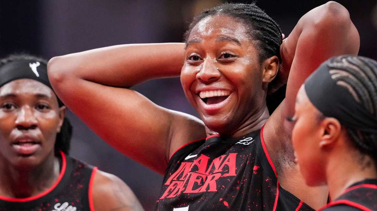 Indiana Fever forward Aliyah Boston (7) reacts after a call Tuesday, Sept. 16, 2025, during Game 2 of a WNBA playoff matchup between the Indiana Fever and the Atlanta Dream