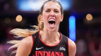 Indiana Fever guard Lexie Hull (10) celebrates a 3-pointer Tuesday, Sept. 16, 2025, during Game 2 of a WNBA playoff matchup between the Indiana Fever and the Atlanta Dream at Gainbridge Fieldhouse in Indianapolis. The Indiana Fever defeated the Atlanta Dream, 77-60.