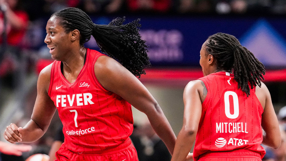 Indiana Fever forward Aliyah Boston (7) smiles after a play Friday, Sept. 5, 2025, during a game between the Indiana Fever and the Chicago Sky at Gainbridge Fieldhouse in Indianapolis.