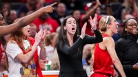 Indiana Fever guard Caitlin Clark (22) and the team react to the action Friday, Sept. 5, 2025, during a game between the Indiana Fever and the Chicago Sky at Gainbridge Fieldhouse in Indianapolis.