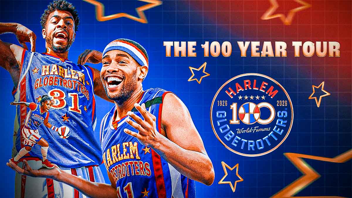 A blue and red gradient that features several different Harlem Globetrotter players with their Centennial logo and the text "The 100 Year Tour"