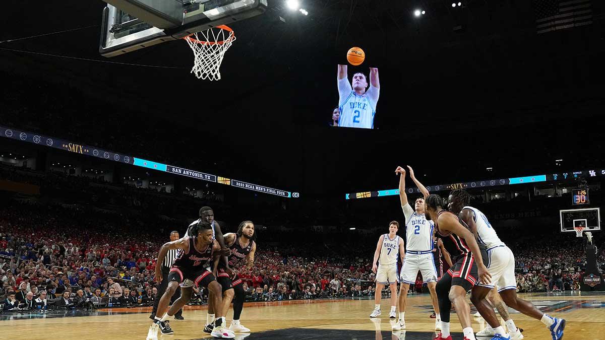 Duke Blue Devils forward Cooper Flagg (2) shoots a free throw against the Houston Cougars during the second half in the semifinals of the men's Final Four of the 2025 NCAA Tournament at the Alamodome.