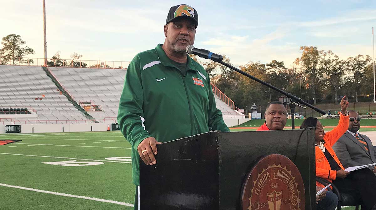 Radio personality Joe Bullard addresses the crowd during the football year-end celebration at Bragg Memorial Stadium on Thursday, Dec. 5, 2019. Joe Bullard