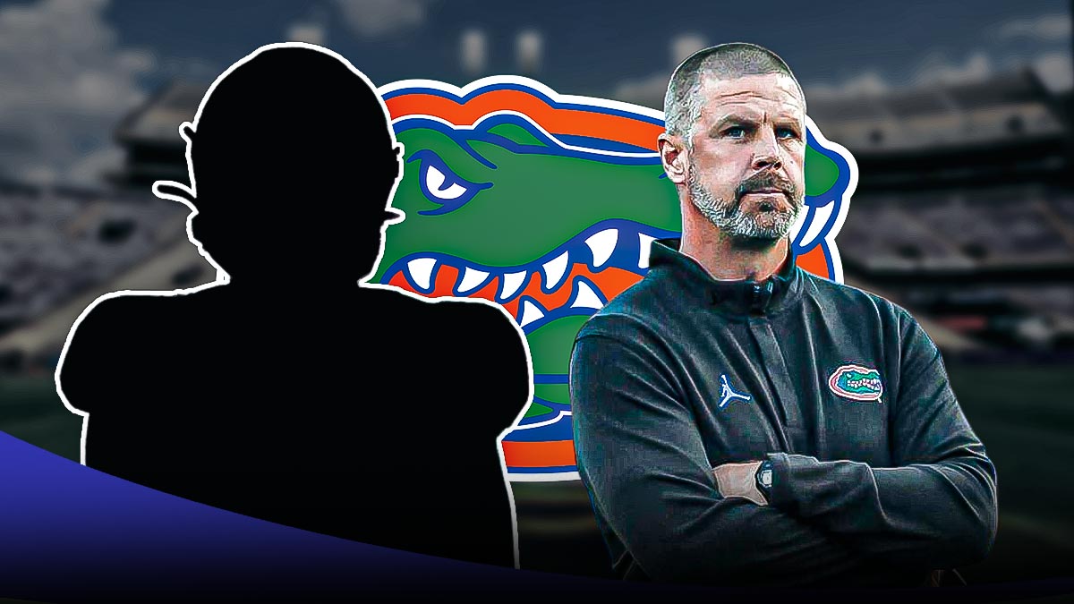 IMAGE: Florida Gators logo in center, Florida football head coach Billy Napier on right side, blank player silhouette with question on left side, Tiger Stadium (home field of the LSU football program) in the background