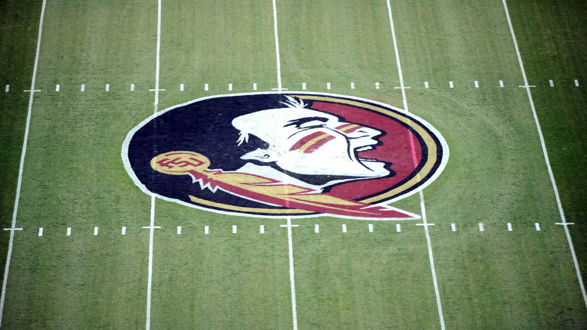 The Florida State Seminoles logo before the start of the spring game at Doak Campbell Stadium.