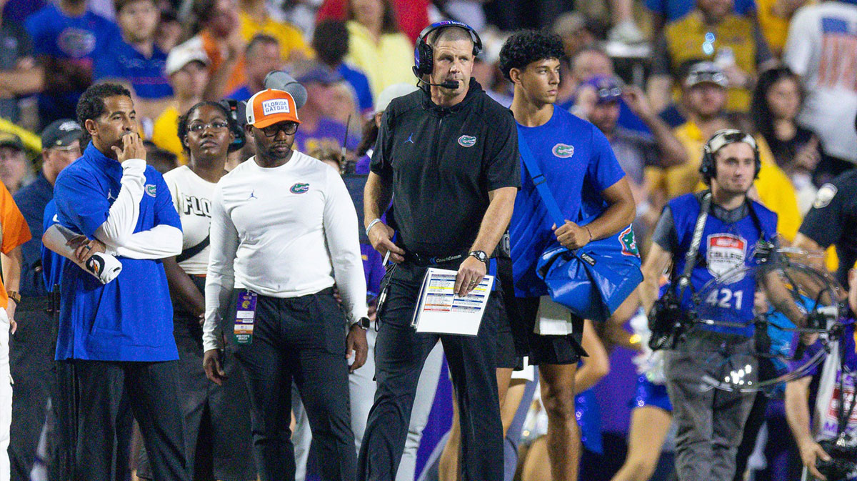 Florida Gators head coach Billy Napier looks on against the LSU Tigers during the second half at Tiger Stadium.
