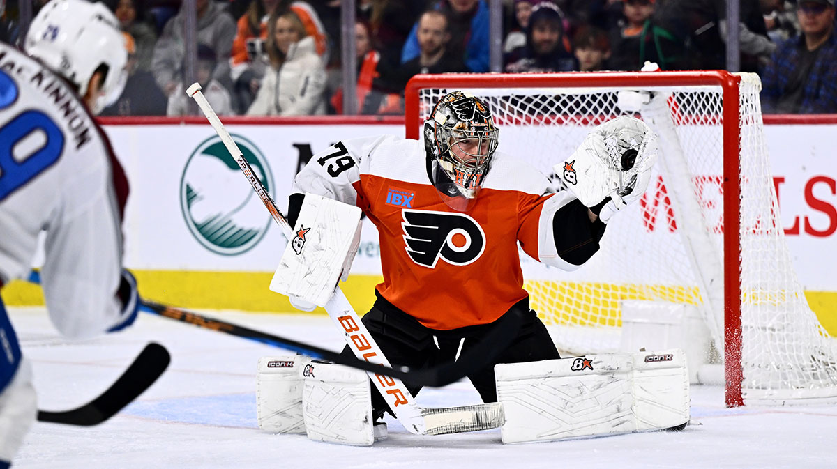 Philadelphia Flyers goalie Carter Hart (79) makes a save against the Colorado Avalanche in the first period at Wells Fargo Center.