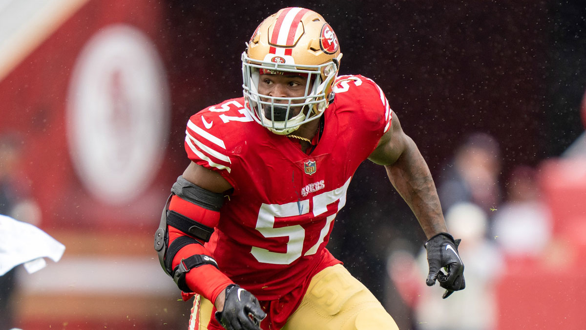 September 18, 2022; Santa Clara, California, USA; San Francisco 49ers linebacker Dre Greenlaw (57) during the third quarter against the Seattle Seahawks at Levi's Stadium. Mandatory Credit: Kyle Terada-Imagn Images