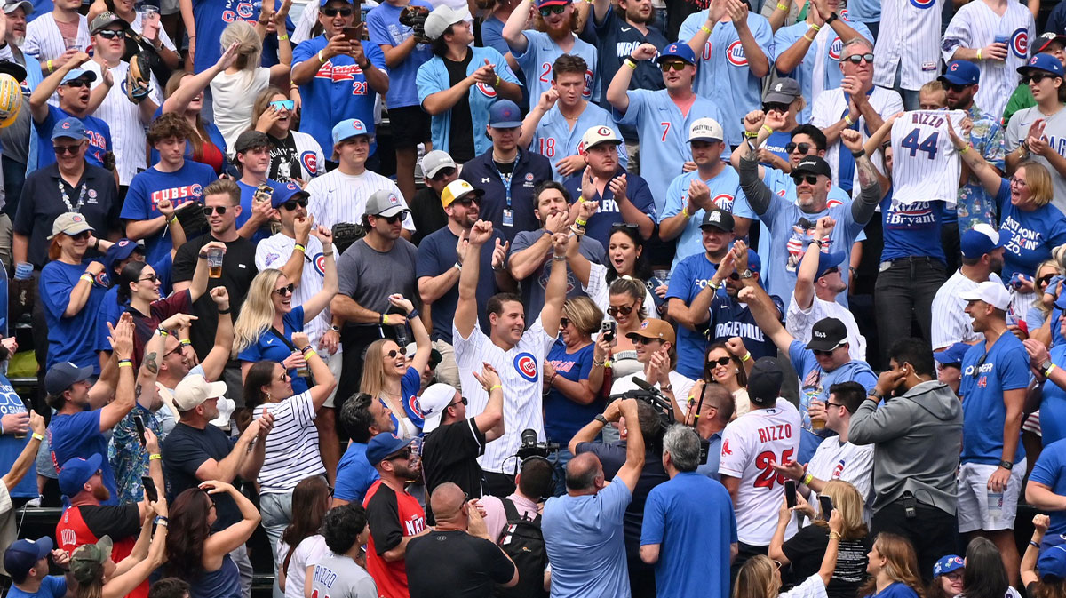 Anthony Rizzo former Chicago Cubs player and team ambassador is recognized while sitting in the bleachers during a game against the Tampa Bay Rays at Wrigley Field