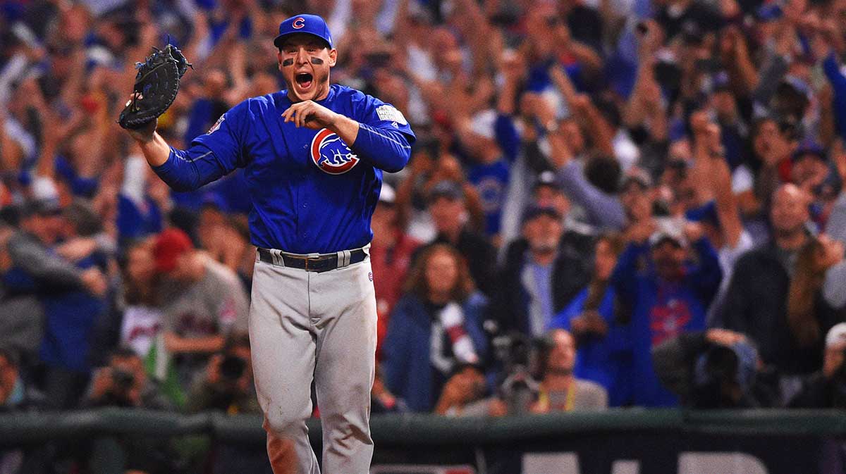 Chicago Cubs first baseman Anthony Rizzo (44) celebrates after defeating the Cleveland Indians in game seven of the 2016 World Series at Progressive Field.
