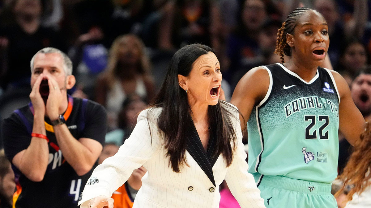 New York Liberty head coach Sandy Brondello reacts during action against the Phoenix Mercury in the first half of Game One of the 2025 WNBA Playoffs first round at PHX Arena on Sept. 14, 2025.
