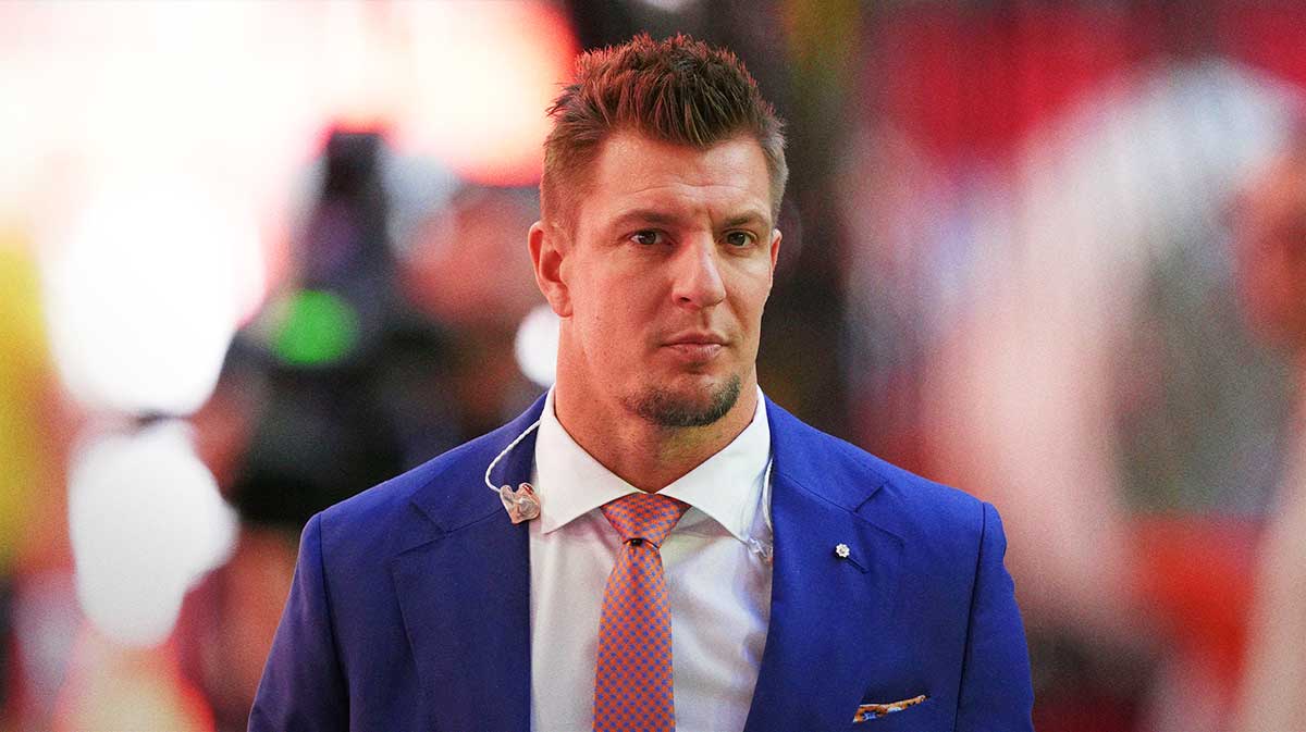 Former NFL player Rob Gronkowski looks on before Super Bowl LVII between the Kansas City Chiefs and the Philadelphia Eagles at State Farm Stadium. Mandatory Credit: Joe Camporeale-Imagn Images