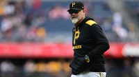 Pittsburgh Pirates manager Derek Shelton (17) walks to the dugout after a pitching change during the fourth inning against the San Diego Padres at PNC Park.