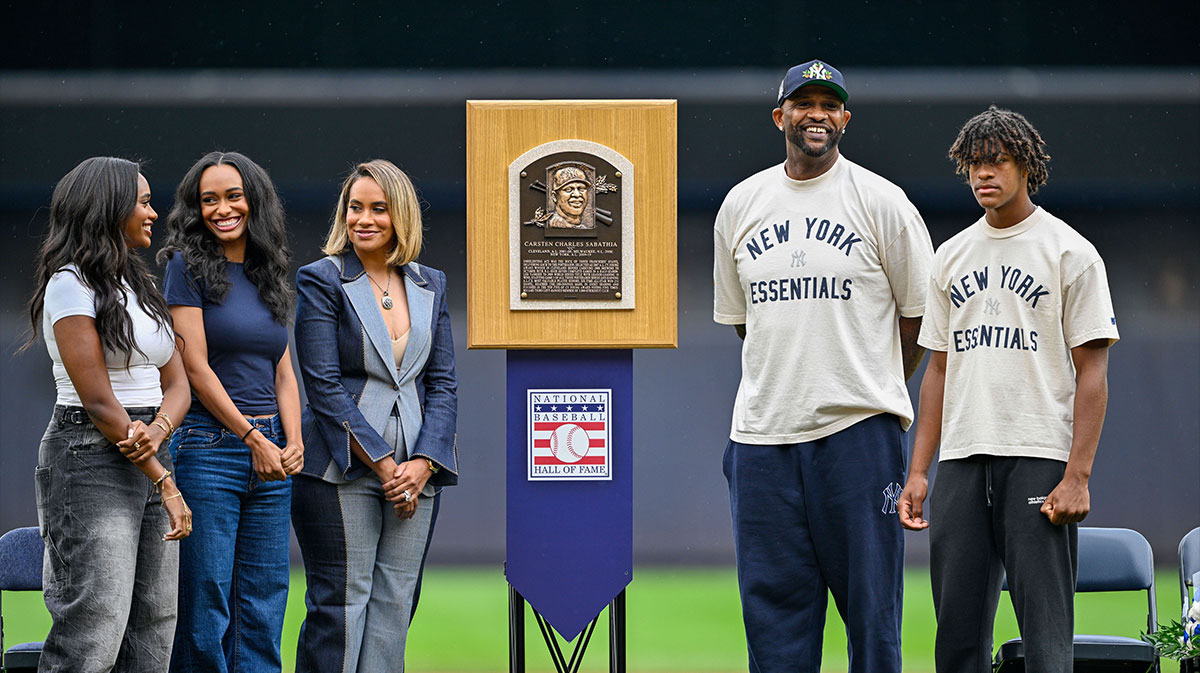 Former Yankee CC Sabathia stands with his family during a ceremony before the game against the Toronto Blue Jays at Yankee Stadium. Mandatory Credit: Mark Smith-Imagn Images