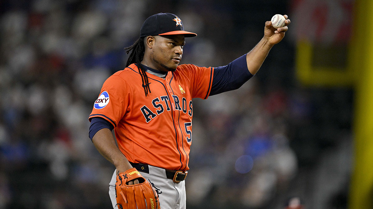 Houston Astros starting pitcher Framber Valdez (59) motions for a new ball during the sixth inning against the Texas Rangers at Globe Life Field.