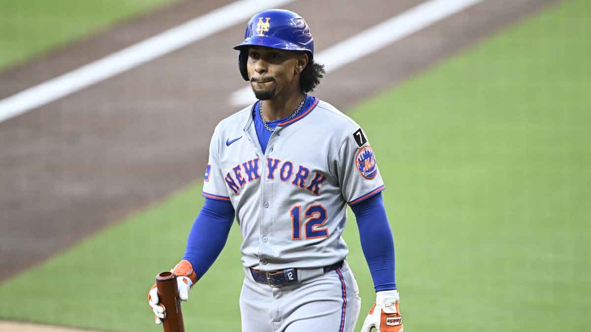 New York Mets shortstop Francisco Lindor (12) walks back to the dugout after striking out during the first inning against the San Diego Padres at Petco Park.