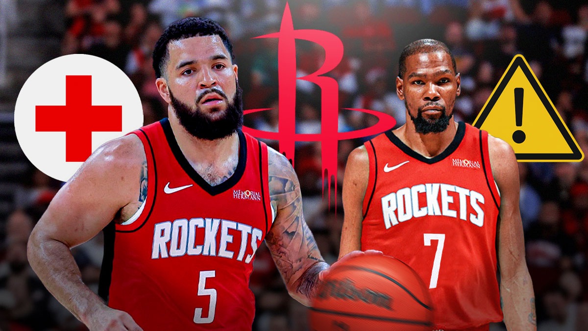 Fred VanVleet, Kevin Durant, Rockets logo in background, injury symbol on VanVleet's side, caution symbol on Durant's side