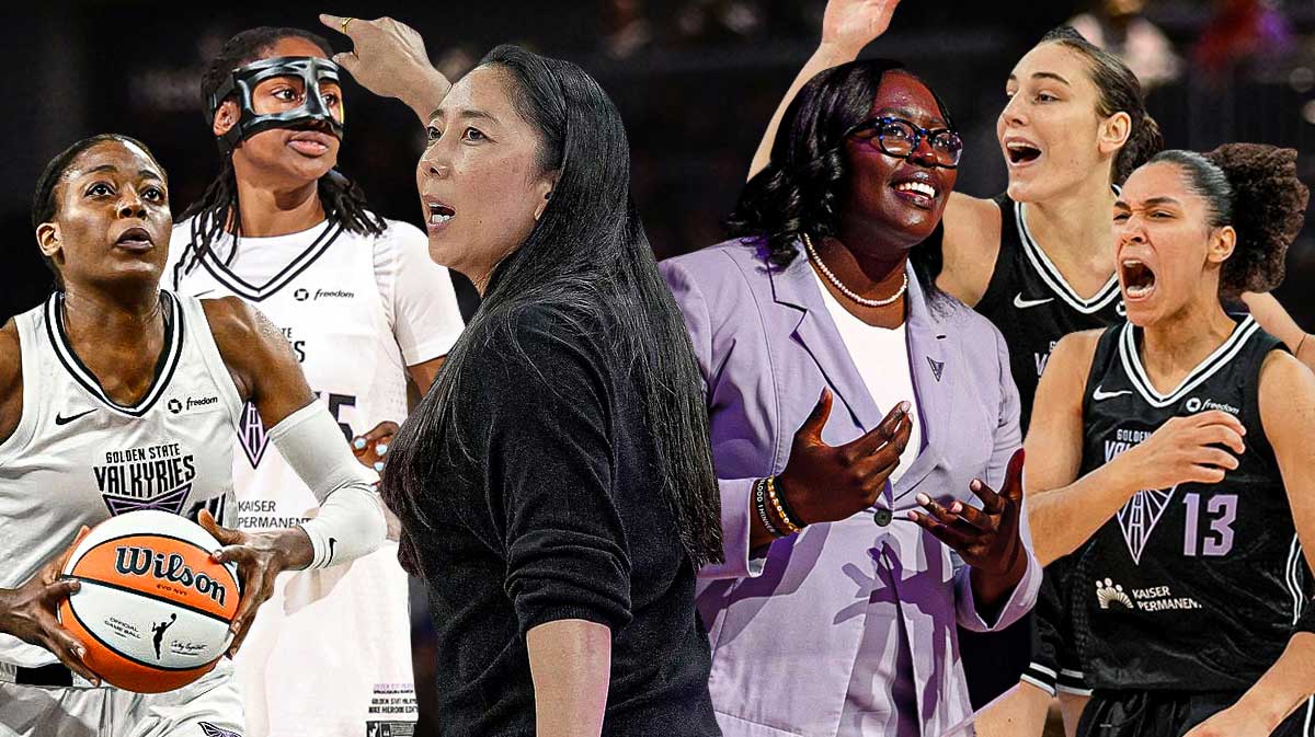 Ohemaa Nyanin Natalie Nakase thinking with Veronica Burton, Carla Leite, Janelle Salaun, Tiffany Hayes, and Temi Fagbenle above them with question marks around them