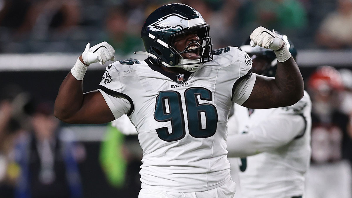 Philadelphia Eagles defensive tackle Gabe Hall (96) reacts against the Cincinnati Bengals at Lincoln Financial Field.