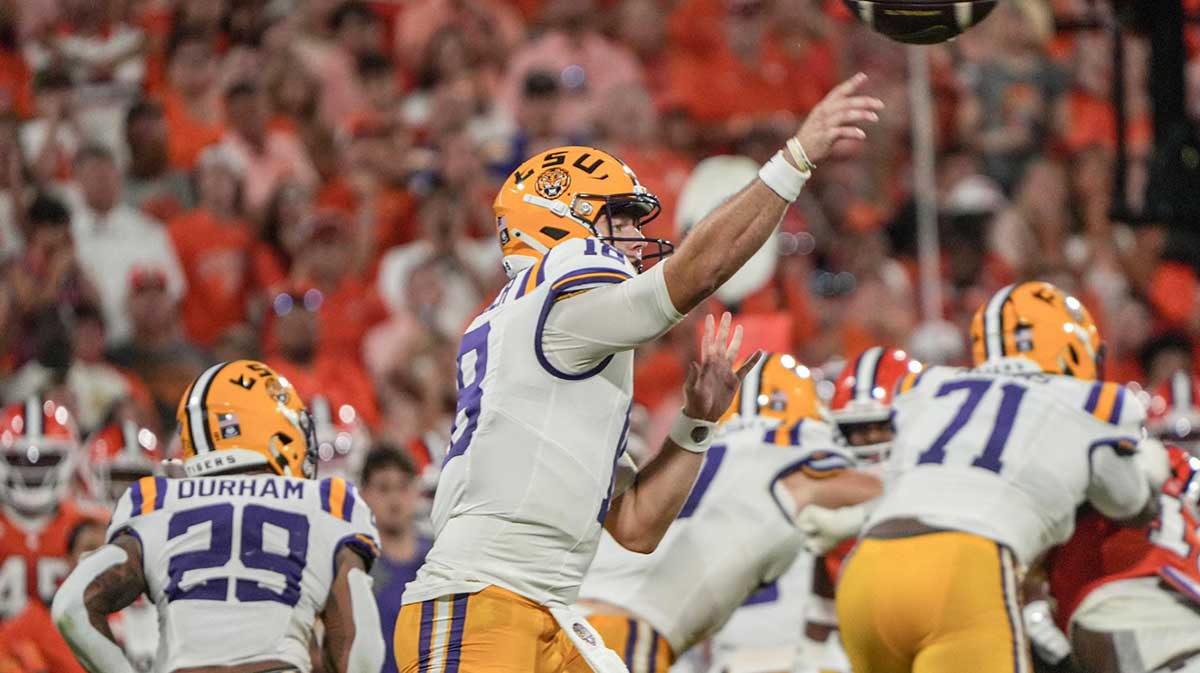 Louisiana State University quarterback Garrett Nussmeier (18) passes the ball during the first quarter at Memorial Stadium in Clemson, S.C. Saturday, Aug 30, 2025.