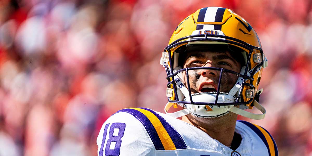 LSU quarterback Garrett Nussmeier (18) looks into the stands after failing to get a first down during a college football game between Ole Miss and LSU at Vaught-Hemingway Stadium in Oxford, Miss., on Saturday, Sept. 27, 2025.