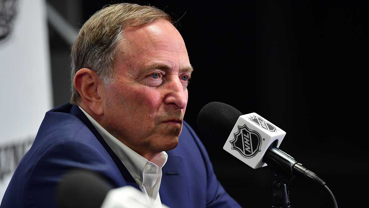 NHL commissioner Gary Bettman speaks during media availabilities before the Los Angeles Kings play against the Utah Hockey Club at Crypto.com Arena