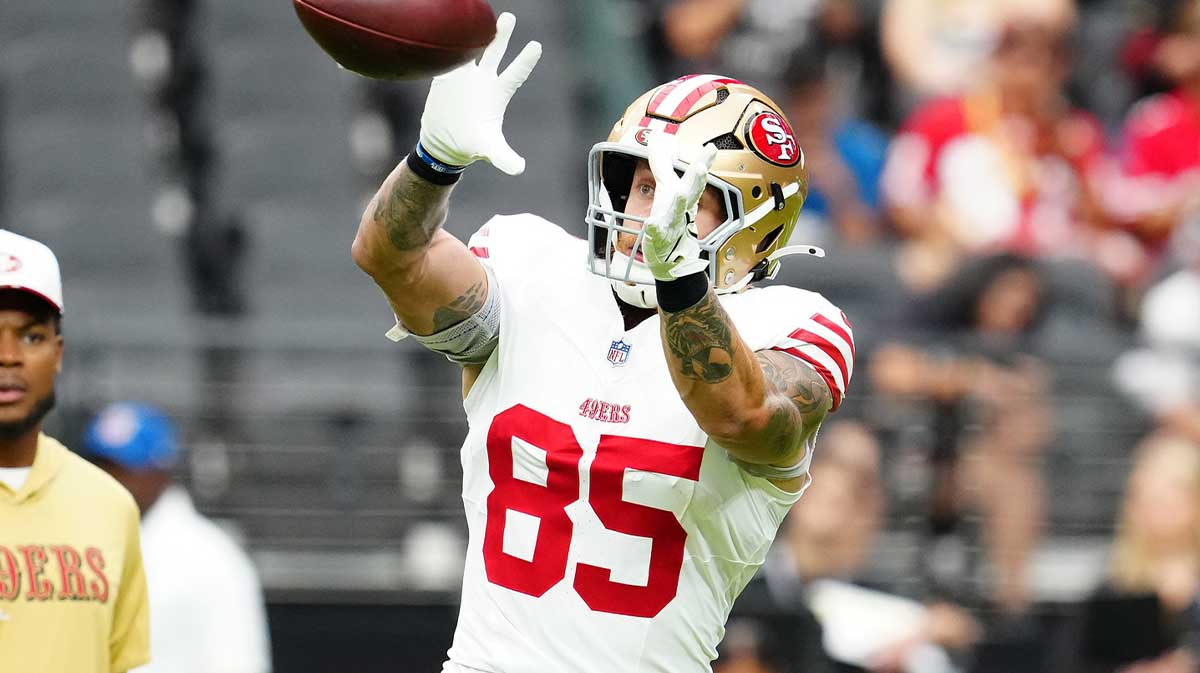 an Francisco 49ers tight end George Kittle (85) warms up before a preseason game against the Las Vegas Raiders at Allegiant Stadium