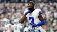 Dallas Cowboys wide receiver George Pickens (3) reacts after a play against the New York Giants during the fourth quarter at AT&T Stadium.