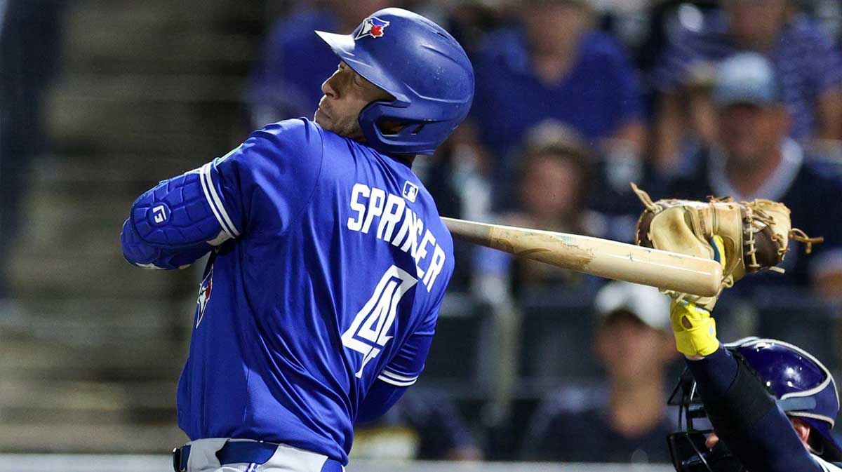 Toronto Blue Jays left fielder George Springer (4) takes a pitch inside against the Tampa Bay Rays in the eighth inning at George M. Steinbrenner Field.