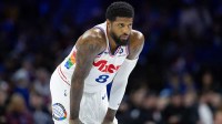 Philadelphia 76ers forward Paul George (8) looks on against the Golden State Warriors during the second quarter at Wells Fargo Center.