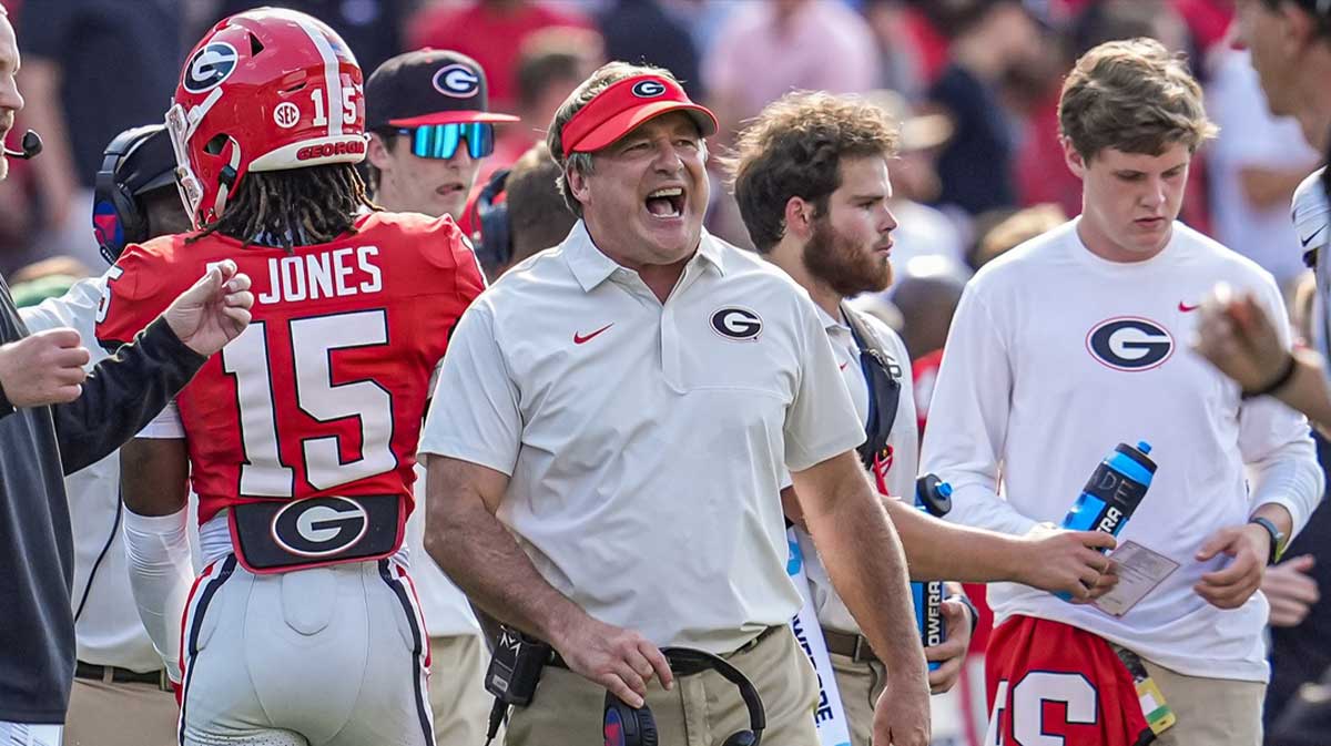 Georgia Bulldogs head coach Kirby Smart (center) reacts during the game against the Marshall Thundering Herd at Sanford Stadium.