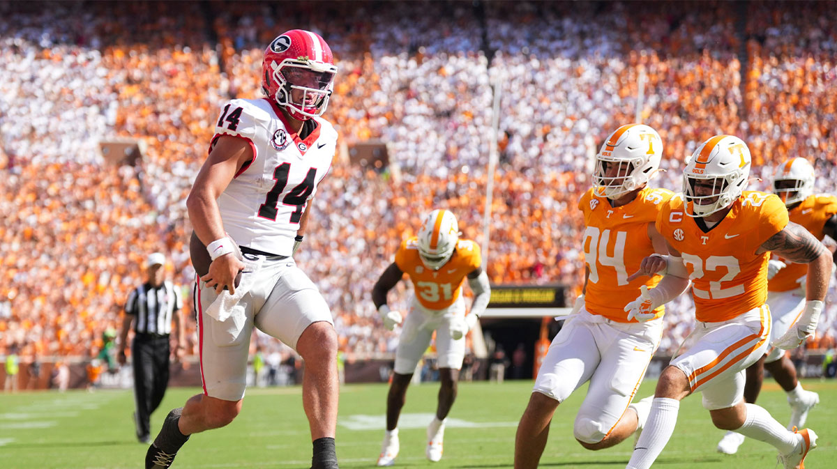 Georgia quarterback Gunner Stockton (14) runs the ball in for a touchdown during an NCAA college football game against Tennessee on September 13, 2025, Knoxville, Tennessee.