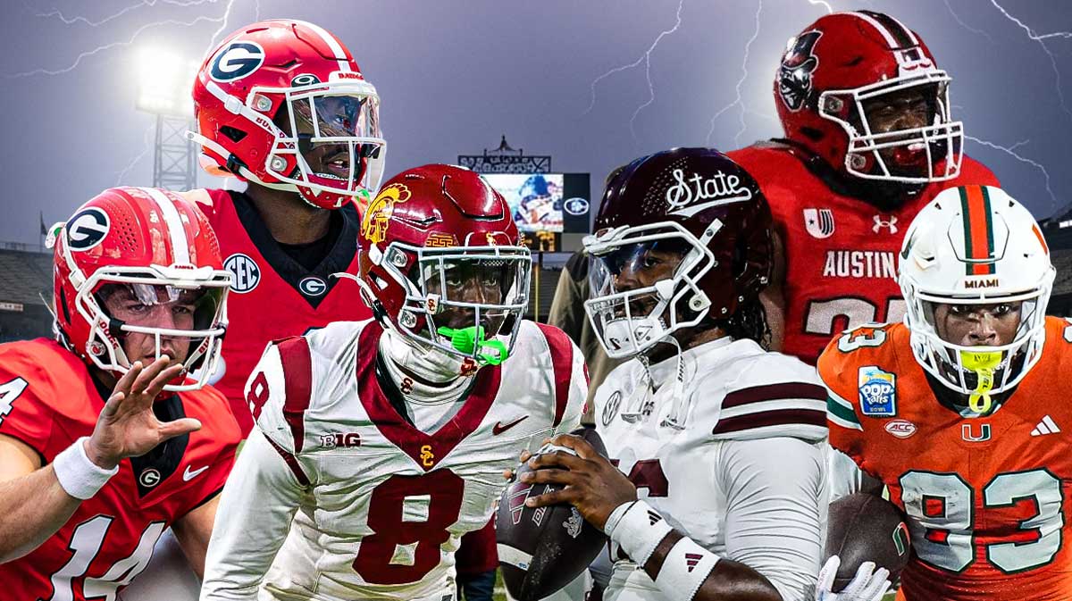 Gunner Stockton, Zachariah Branch, Zion Branch on one side, Chris Parson, Shemar Kirk, TJ COx Jr on the other side, Lightning in the background
