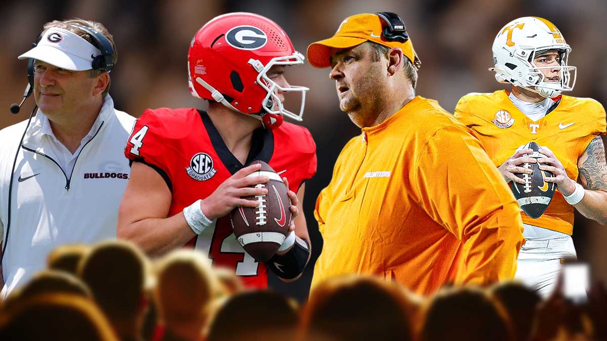 Left side, Kirby Smart and Gunner Stockon. Right side Josh Heupel and Joey Aguilar (IN TENNESSEE VOLS UNIFORM). Neyland Stadium in the background.