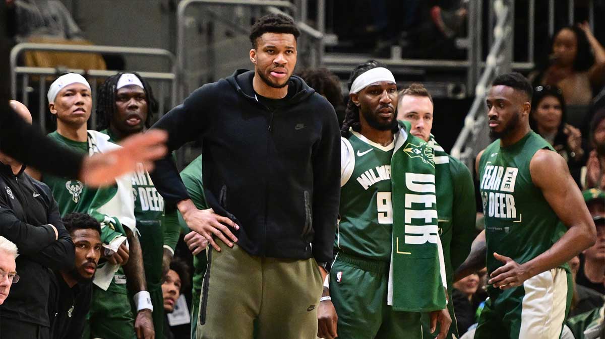 Milwaukee Bucks forward Giannis Antetokounmpo (34) watches from the bench in the fourth quarter against the Indiana Pacers during game one of the first round for the 2024 NBA playoffs at Fiserv Forum.