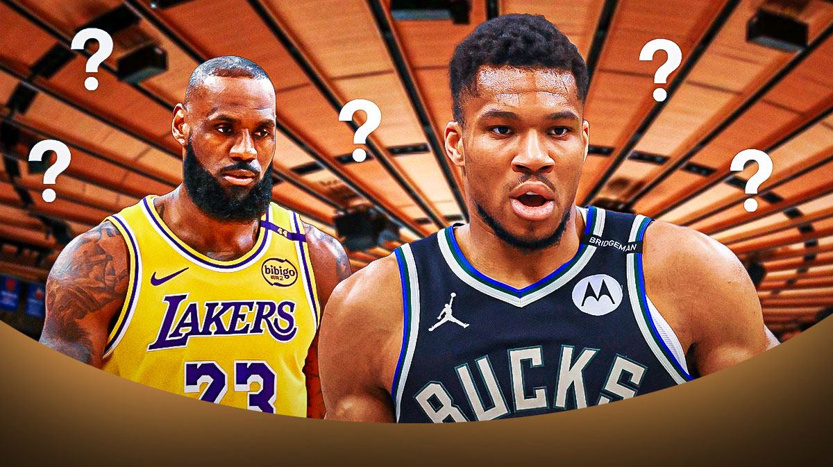 Giannis Antetokounmpo and LeBron James with question marks before 2025-26 NBA season