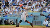 San Francisco Giants first base Bryce Eldridge (78) hits a double during the first inning against Los Angeles Dodgers at Dodger Stadium.