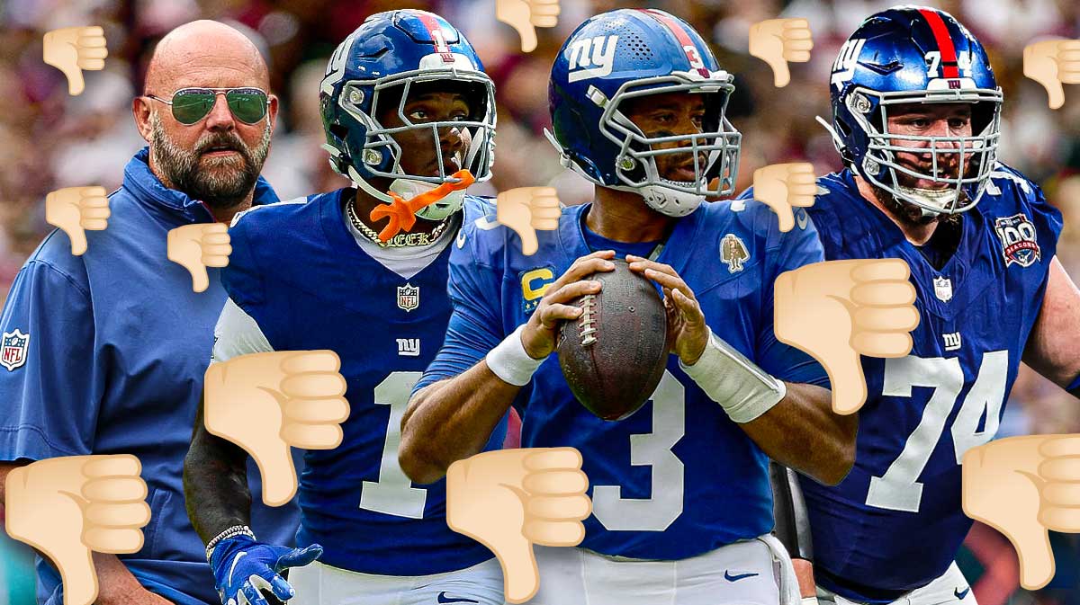 Russell Wilson, Greg Van Roten, Malik Nabers, Brian Daboll all beside each other, 👎🏻 emoji all around them