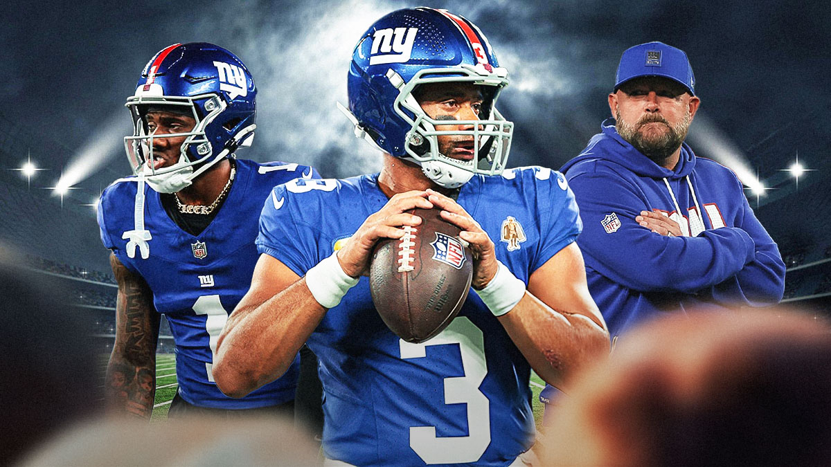 Russell Wilson in the middle, Malik Nabers, Brian Daboll around him, dark clouds in the background