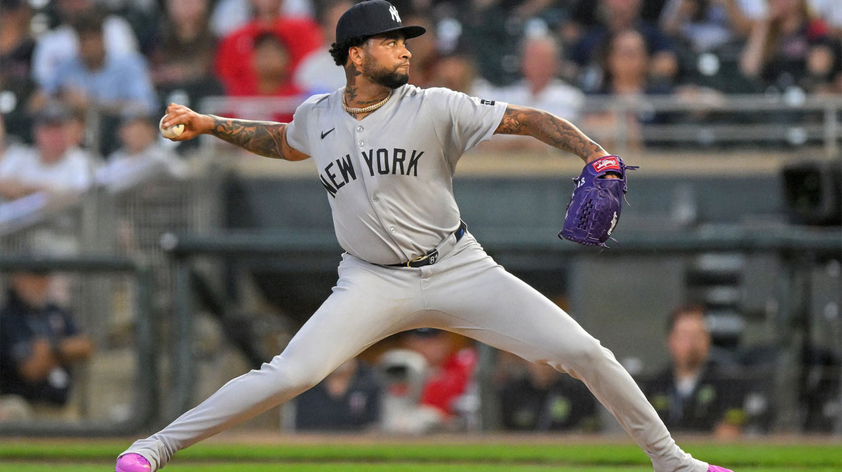 New York Yankees starting pitcher Luis Gil (81) delivers a pitch against the Minnesota Twins during the second inning at Target Field.