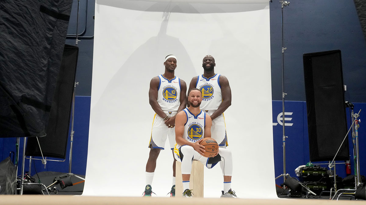 Warriors' Stephen Curry, Jimmy Butler, and Draymond Green at 2025 Media Day photoshoot