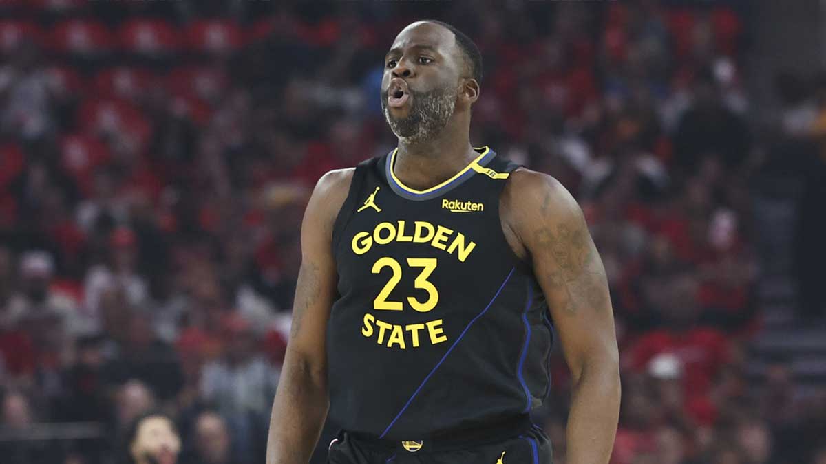 Golden State Warriors forward Draymond Green (23) reacts after a play during game seven of first round for the 2025 NBA Playoffs against the Houston Rockets at Toyota Center. Mandatory Credit: Troy Taormina-Imagn Images