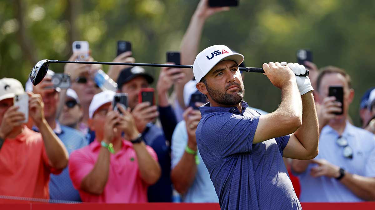 Scottie Scheffler plays his shot from the 12th tee during a practice round of the Ryder Cup golf tournament at Bethpage Black.