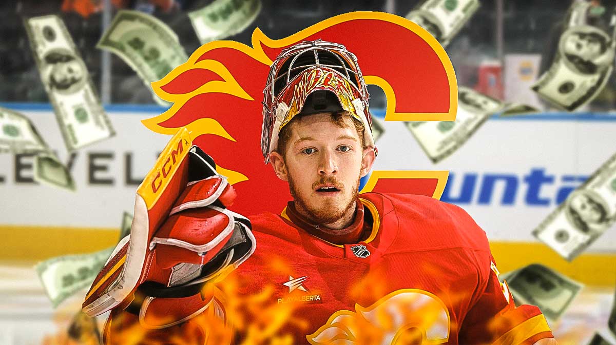Dustin Wolf with Flames logo in background and money all around him.